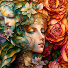 Stylized female faces with floral and jewelry designs on vibrant floral backdrop