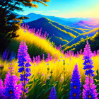 Colorful landscape with purple flowers, sunlit valley, and blue mountains under a bright sky.