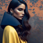 Digital artwork of woman with dark hair, golden sparkles, yellow garment, black collar, autumn leaves