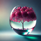 Pink blossoming tree in glass terrarium on blue gradient surface