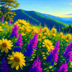 Colorful Meadow Landscape with Flowers, Hills, Birds, and Mountains