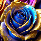 Close-up of Vibrant Blue Rose with Golden Glitter Amid Multicolored Roses