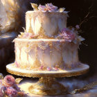 Elegant three-tiered cake with golden accents and pink roses on stand