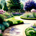 Colorful garden with trimmed hedges, winding path, flowers, and trees in serene setting