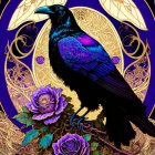 Detailed Raven Perched on Branch Among Purple Roses in Art Nouveau Style