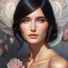 Dark-haired woman portrait with blush and pink roses on blurred background