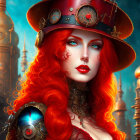 Red-haired woman in steampunk attire with top hat and compass necklace.