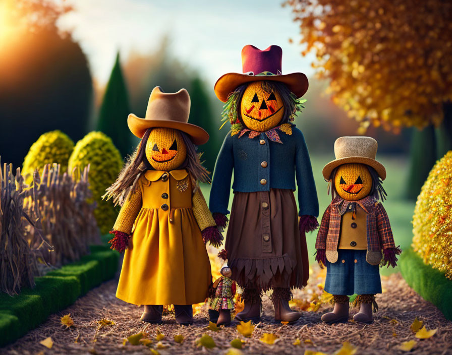 Whimsical scarecrows in autumn attire with pumpkin heads in serene fall landscape