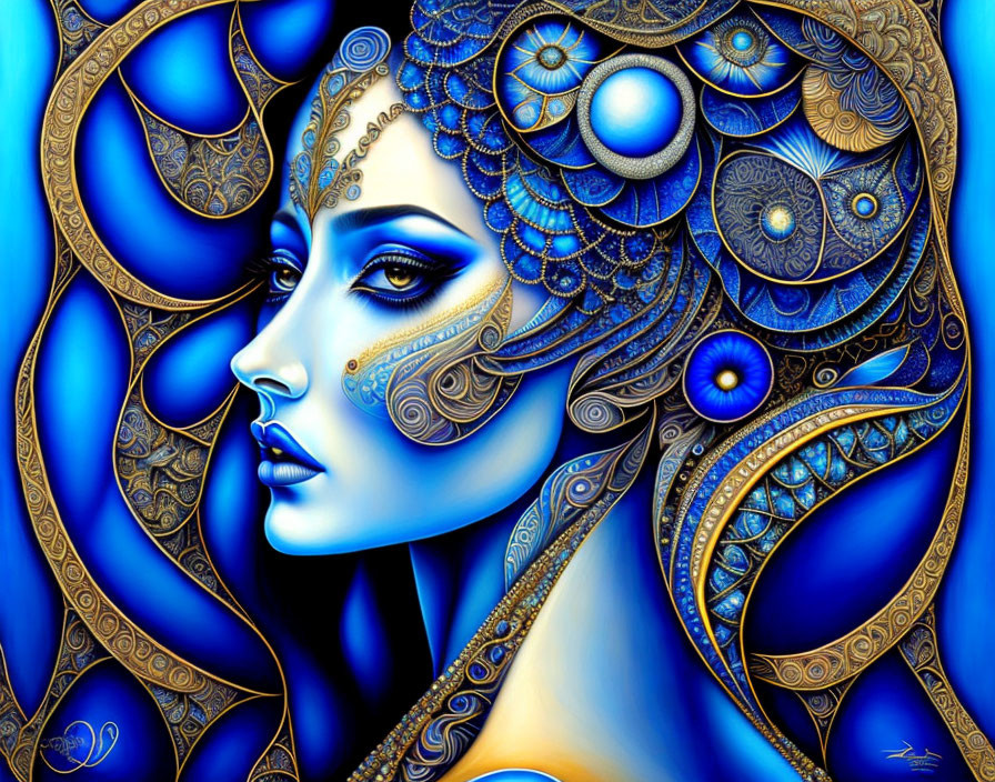 Colorful digital artwork: Woman with gold and blue patterns on face against swirling background