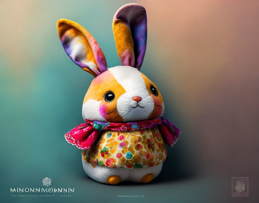 Vibrant plush bunny with floral body and pink scarf on gradient background