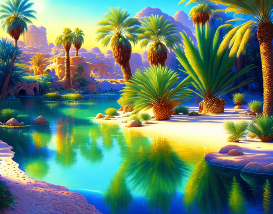 Lush oasis scene with palm trees and crystal water