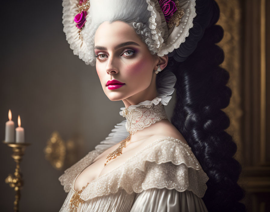 Historical woman in white wig and roses under candlelight