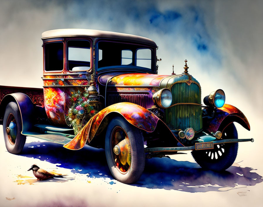 Vibrant vintage car illustration with whimsical floral patterns