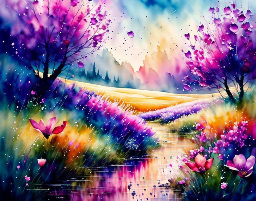 Colorful Watercolor Painting of Whimsical Landscape