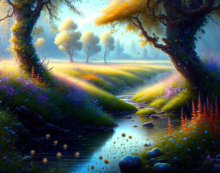 Vibrant fantasy landscape with luminous river and colorful flora