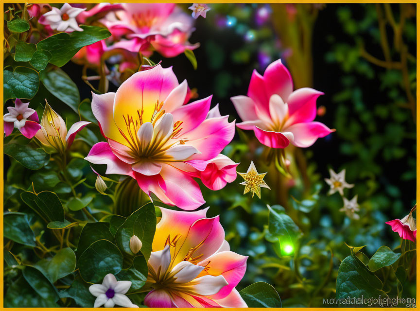 Colorful Pink and White Flowers with Yellow Stamens and Star-like Effects