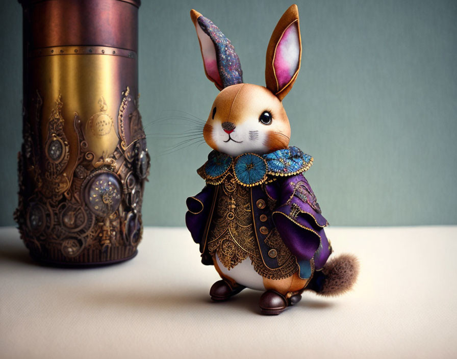 Whimsical rabbit in purple jacket with golden details next to bronze cylinder