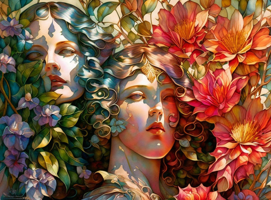 Colorful artwork: Two serene female figures amidst vibrant flowers