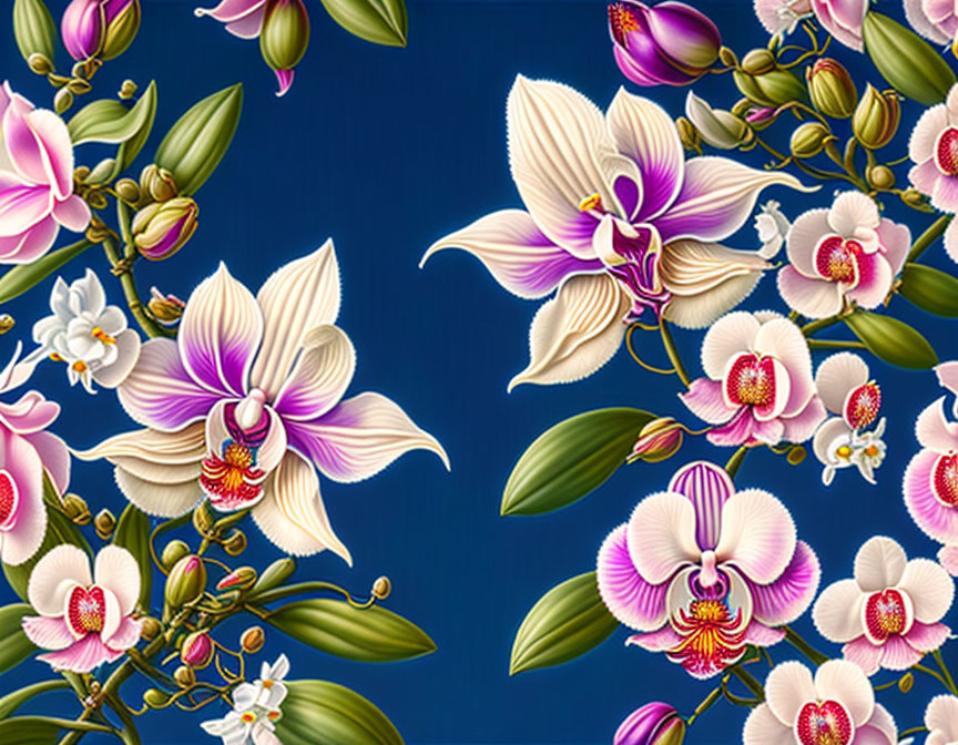 Detailed Blooming Orchids Illustration in Pink, White, Purple on Navy Blue