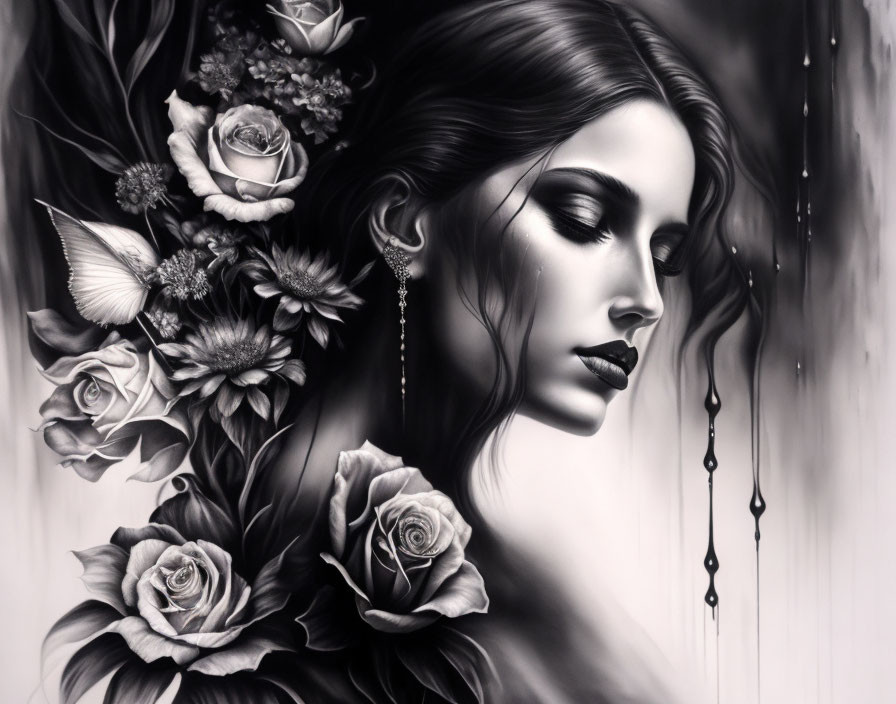 Detailed monochromatic artwork of a woman with flowers in her hair