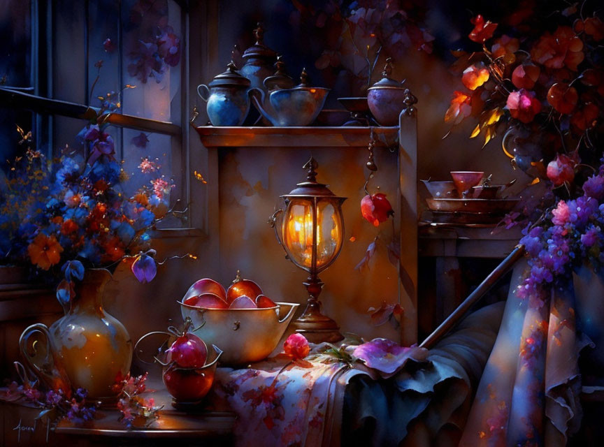 Colorful still life with lantern, pottery, fruits, and flowers in twilight ambiance