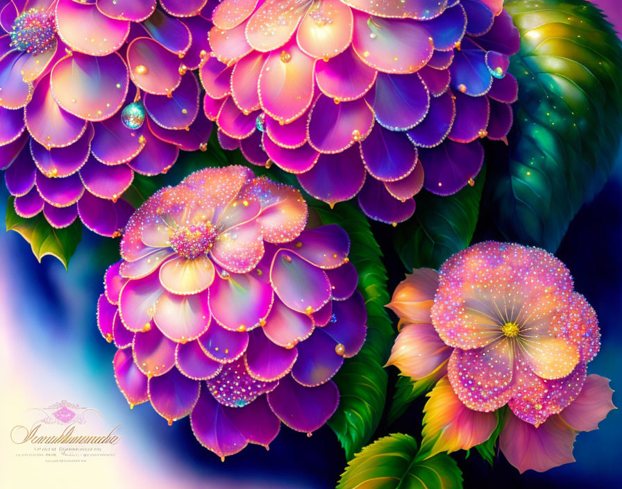 Colorful digital artwork: Dew-covered flowers in pink, purple, and yellow hues on blue background