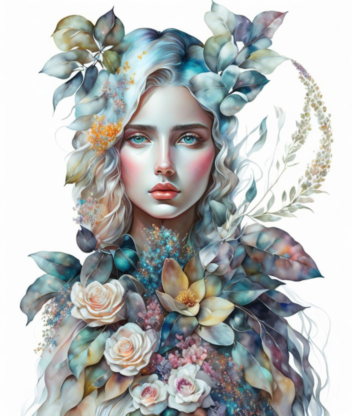 Portrait of woman with blue eyes, flowers in wavy hair, cool painted flora with warm corals