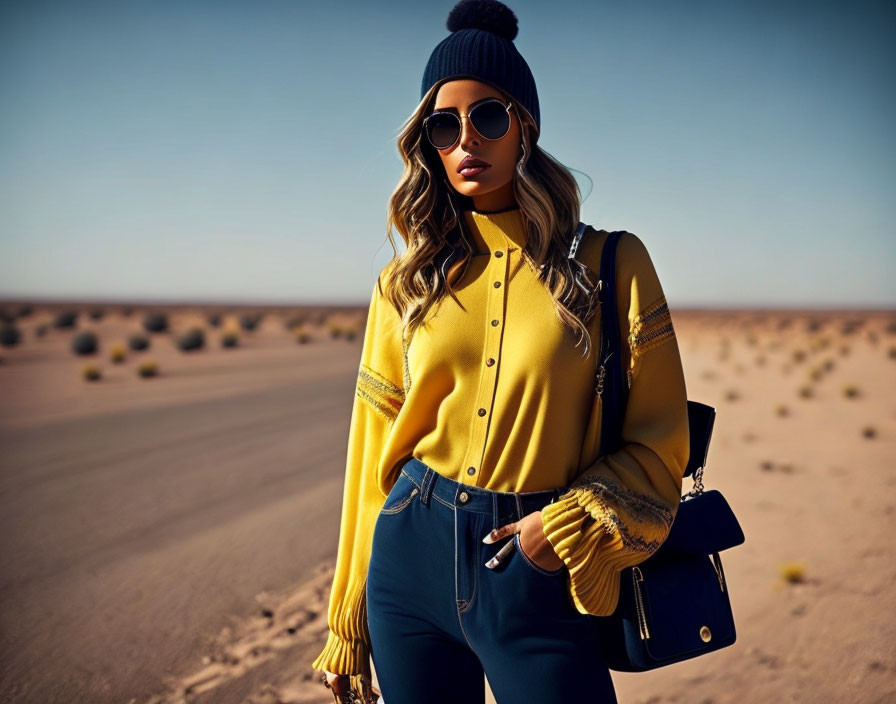 Fashionable woman in desert wearing yellow bomber jacket and sunglasses