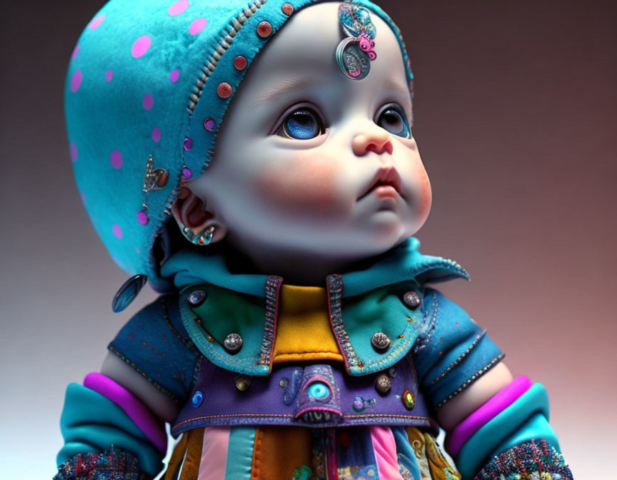 Stylized baby doll in colorful outfit with big eyes