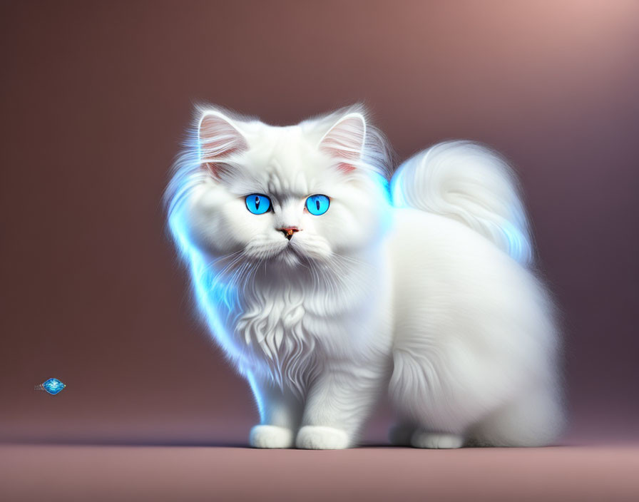 White Fluffy Cat Digital Illustration with Blue Eyes and Crystal