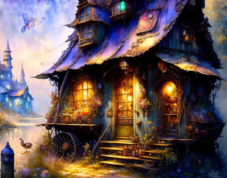 Whimsical cottage illustration in twilight with glowing windows & butterfly