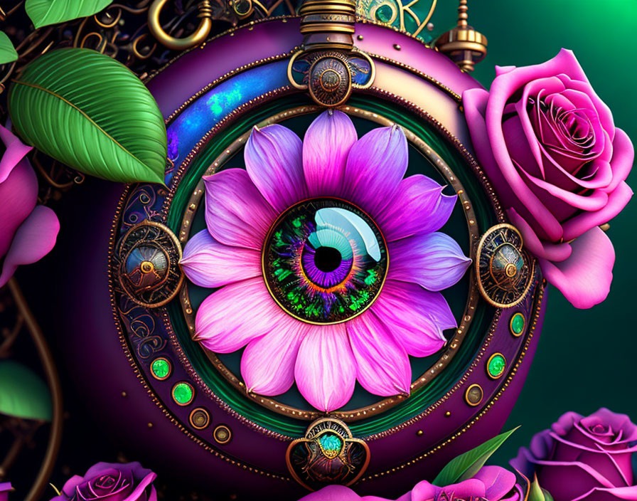 Detailed illustration of large eye in blooming flower with metallic gears and roses on dark background