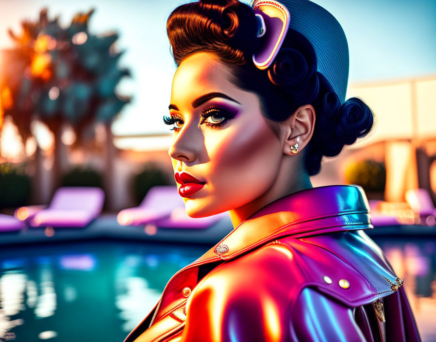 Vibrant makeup woman in red jacket and cap with sunset pool background