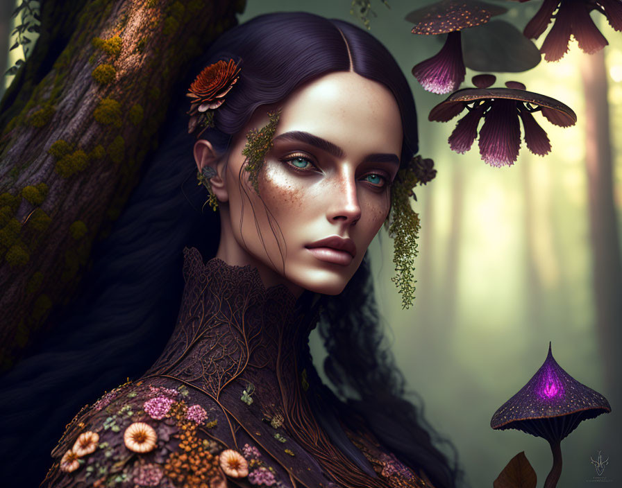 Fantasy portrait of woman with floral and botanical elements