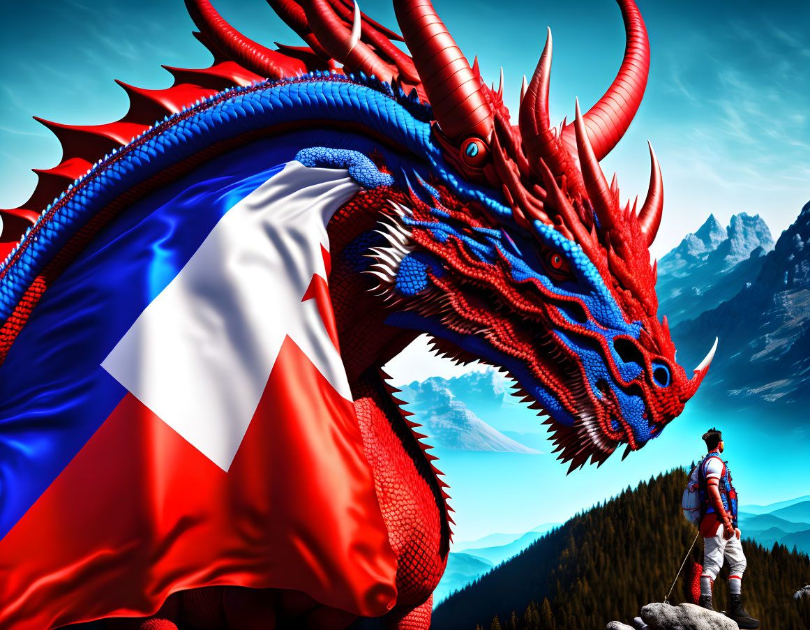 Colorful Dragon with Czech Flag Design Faces Figure in Mountain Landscape