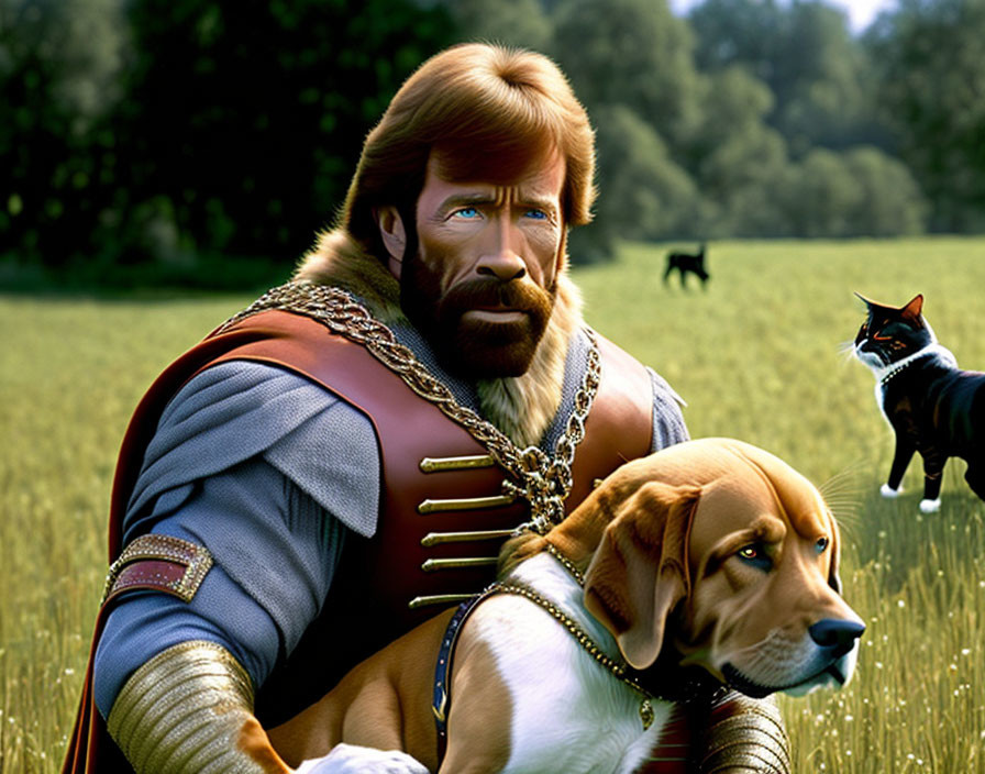 Fantasy illustration of man in medieval armor with red beard, beagle, and black cat in grass