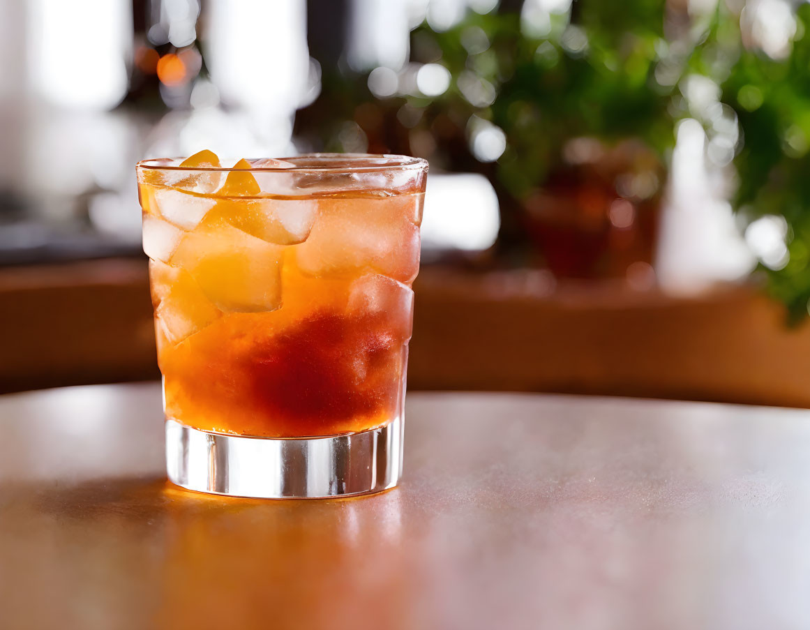 Refreshing cocktail with ice in short glass on bar top, plant in background