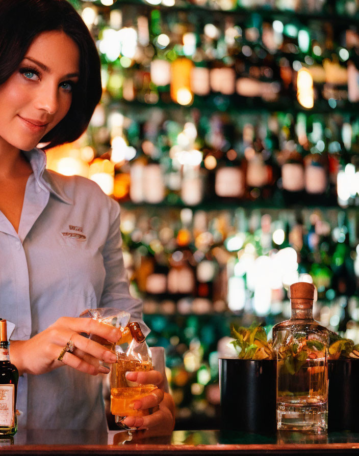 Bartender pouring drink with background bottles