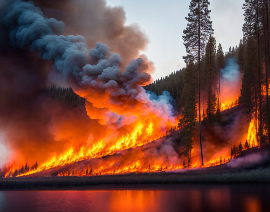 Intense orange flames engulf forest near water at dusk