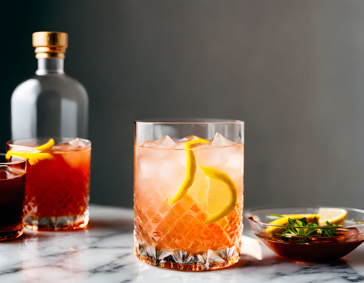 Refreshing cocktail with ice, lemon peel, bottle, and citrus garnishes on marble.