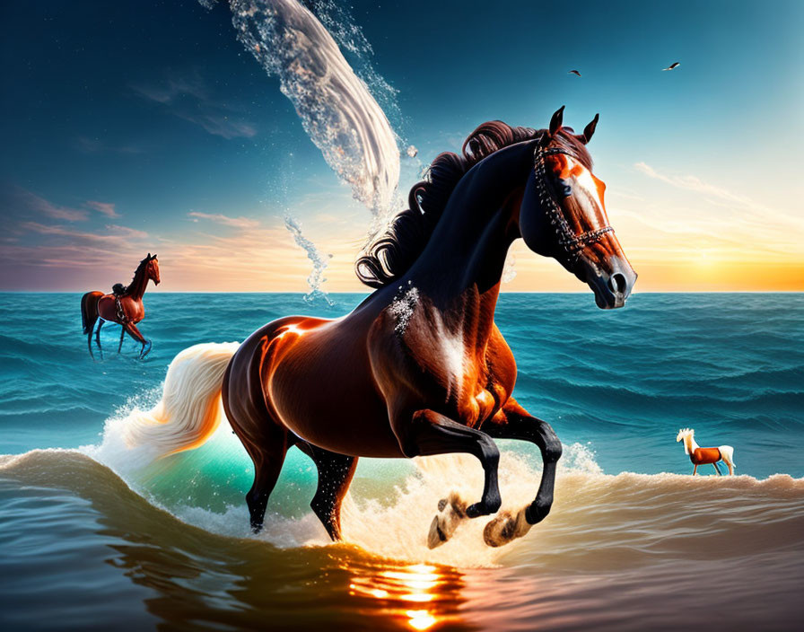 Majestic horse galloping on water at sunset with surreal elements