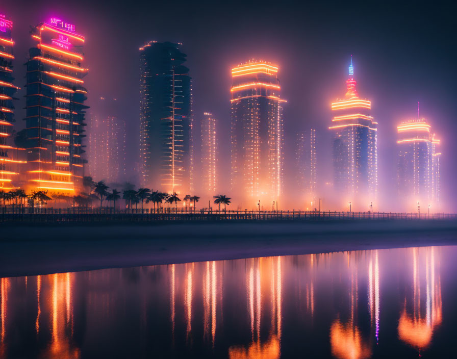 City skyline reflected on water at night with neon lights