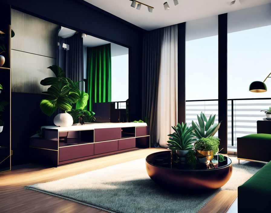 Contemporary Interior Design with Large Windows and Green Accents