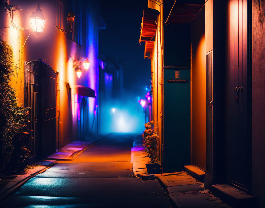 Night alley with warm and blue lights casting glow