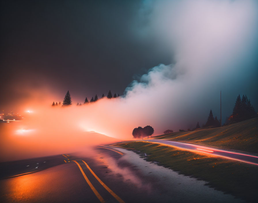 Foggy night road with glowing street lights and mysterious atmosphere