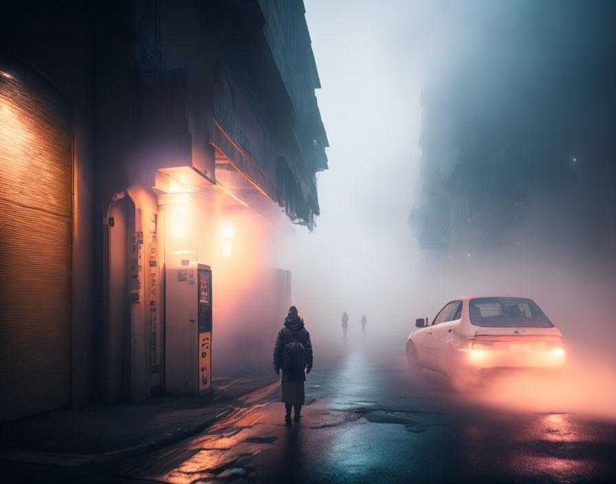 Pedestrian in urban night scene with fog, glowing lights, car, and vending machines