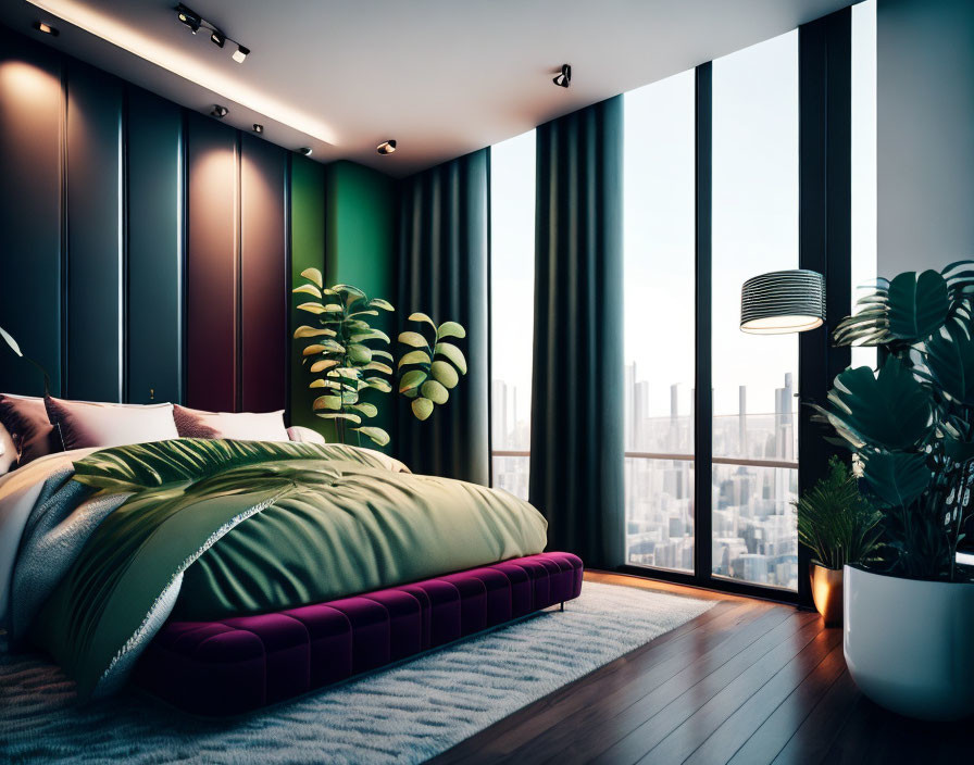 Spacious modern bedroom with city view, large bed, dark walls, and indoor plants