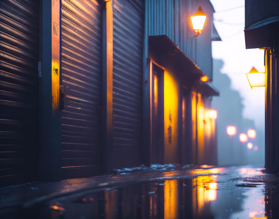 Cozy alley at night with glowing street lamps and reflections on wet ground