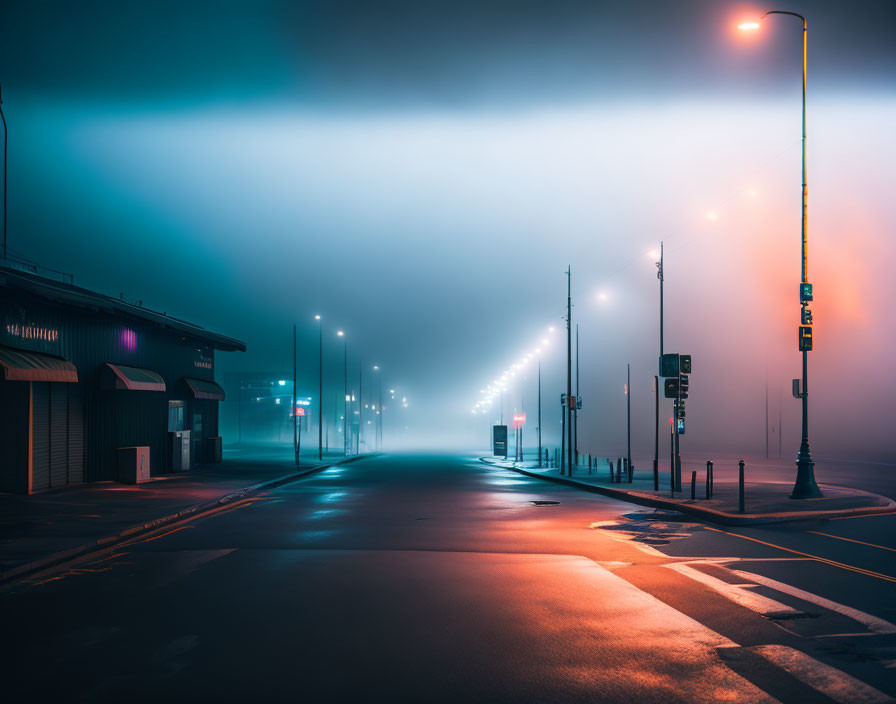 Mystic urban street scene: fog, glowing lights, blue & orange.