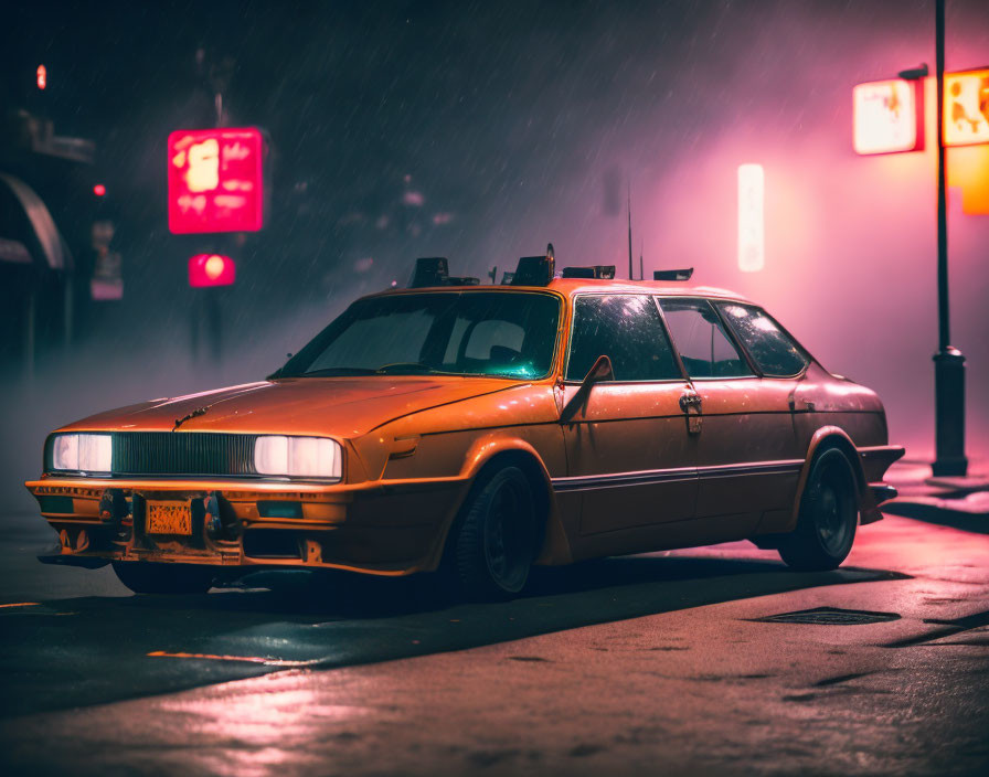 Vintage orange car parked on wet street at night under streetlights and red traffic signal